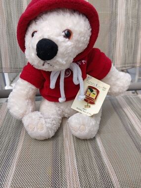 Department 56 White Plush Bear in Red Hoodie with Collectible Pin